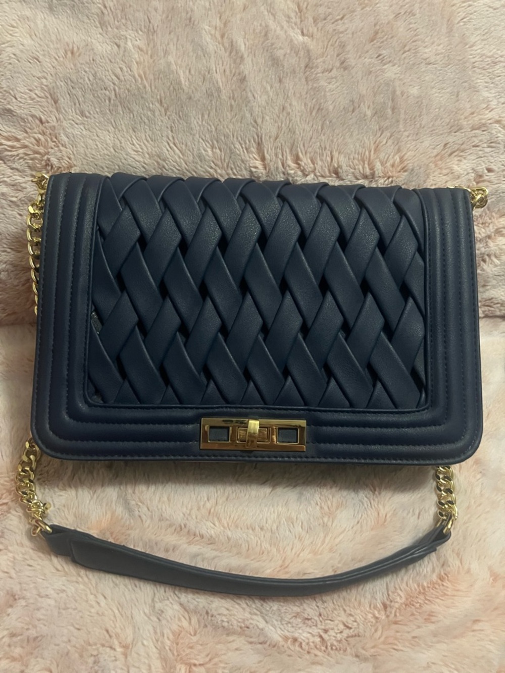 Versace 1969 Woven Shoulder Bag Navy Blue Gold Chain Timeless Vintage Crossbody